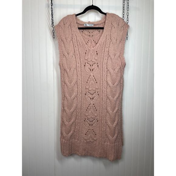 ZARA Pink Wool Blend Cable Knit Tunic Long Oversized Sweater Vest Top Size S - Picture 1 of 6